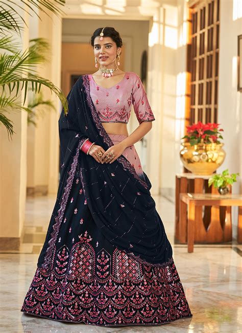 Shop Pink N Navy Blue Banarasi Silk Thread Embriodery Umbrella Lehenga