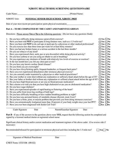 Njrotc Health Risk Screening Questionnaire Complete With Ease Airslate Signnow