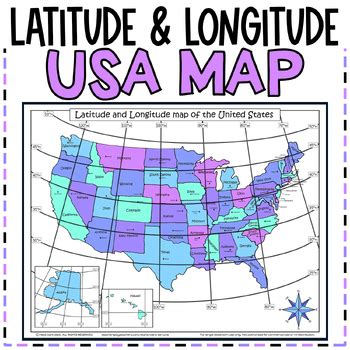 Latitude and Longitude map of the USA in Color and Black & White - kid ...