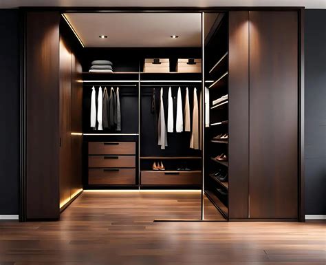 Sleek Modern Walk In Closet With Dark Wood Finish Integrated Lighting