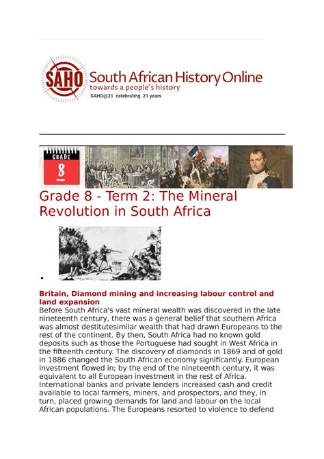 Sa History Online Summary The Mineral Revolution In South Africa