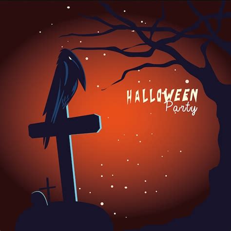 Premium Vector Halloween Raven Cartoon On Grave And Tree Design