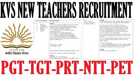 Kvs New Teachers Recruitment Kvs Pgt Tgt Prt Pet Ntt