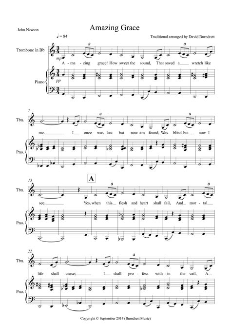 Amazing Grace For Trombone In Bb And Piano Arr David Burndrett Sheet Music Traditional