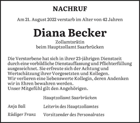 Traueranzeigen Von Diana Becker Saarbruecker Zeitung Trauer De