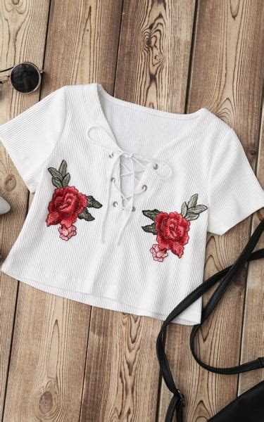 White Lace Up Applique Ribbed Crop Top BestFashionHQ