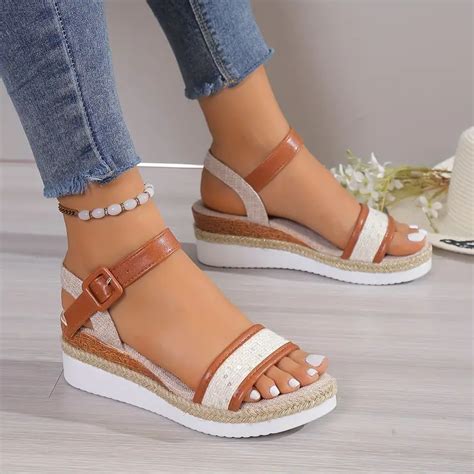 Womens Canvas Platform Sandals Strappy Back Buckle Thick Soled Shoes