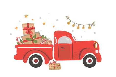 Christmas Truck Vintage Vector Illustration Christmas Red Truck With