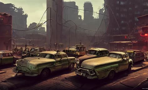 In An Atompunk City With Vehicles Highly Detailed Stable