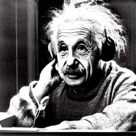 Krea Vintage Photo Of Einstein Wearing Headphones Shouting At A