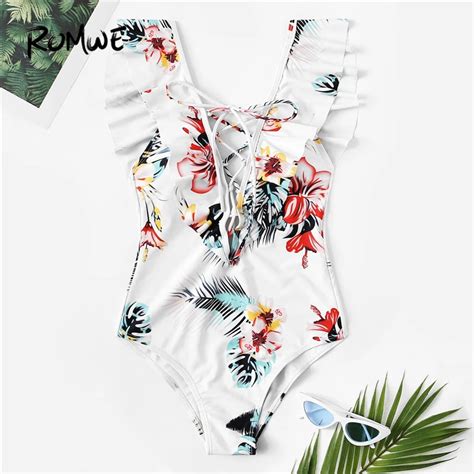 Romwe Sport Multicolor Monokinis Tropical Floral Ruffle Lace Up One