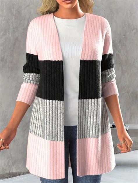 Xieyinshe Ribbed Colorblock Open Front Cardigan Casual Long Sleeve Co