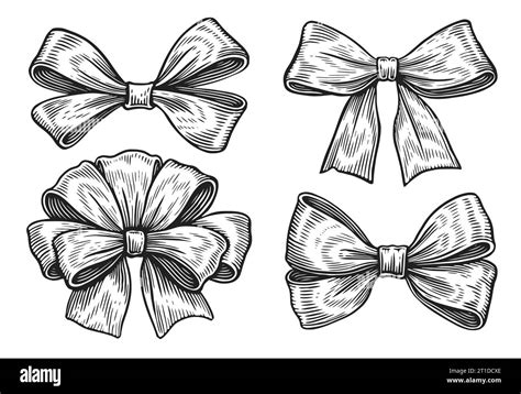 Hand Drawn Bow In Sketch Style Vintage Ribbons Engraving Illustration