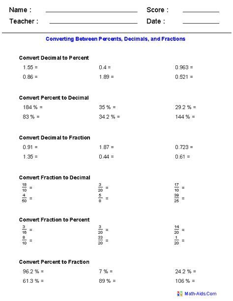 Percents Decimals And Fractions Worksheet