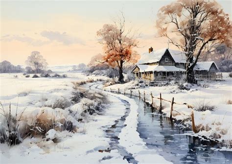 Premium Photo | Snowy Watercolor Winter Landscape Illustration