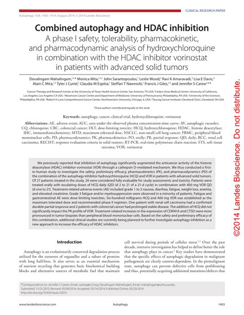 Pdf Combined Autophagy And Hdac Inhibition A Phase I Safety