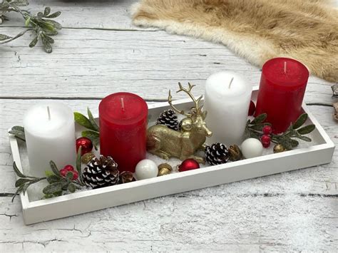 Adventsgesteck Weihnachten Deko Tablett Holz Wei Kerzen Rot Wei