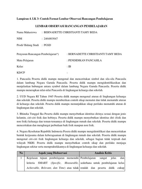 Lampiran 4 Lk 3 Contoh Format Lembar Observasi Rancangan Pembelajaran