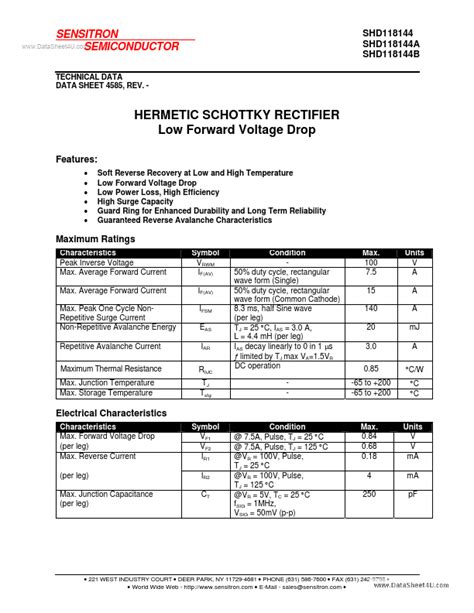 Shd118144a Datasheet Hermetic Schottky Rectifier