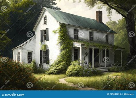 White Farmhouse with Black Shutters, Surrounded by Lush Greenery Stock Illustration ...