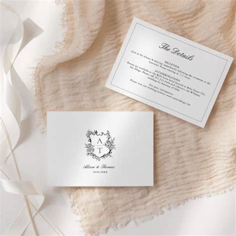 Wedding Formal Floral Crest Monogram Details Card Zazzle