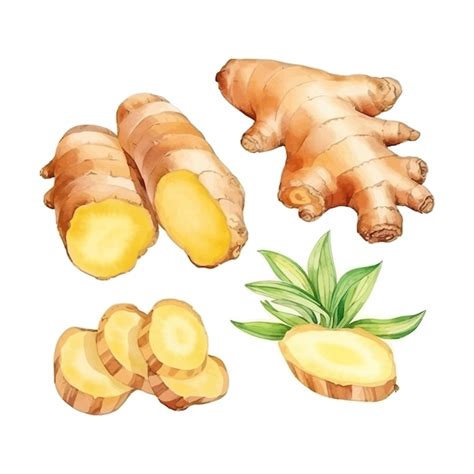 Premium Vector Watercolor Ginger Root With Slices Set Hand Drawn