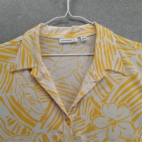 Susan Graver Blouse Womens Xl Yellow White Floral Short Sleeve Light