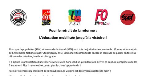 SNFOLC 13 Appel intersyndical à la manifestation vendredi 31 mars 18h