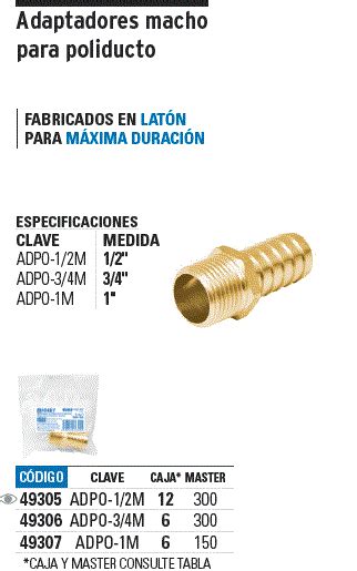 49306 ADPO 3 4M TRUPER Adaptador macho de latón 3 4 para poliducto