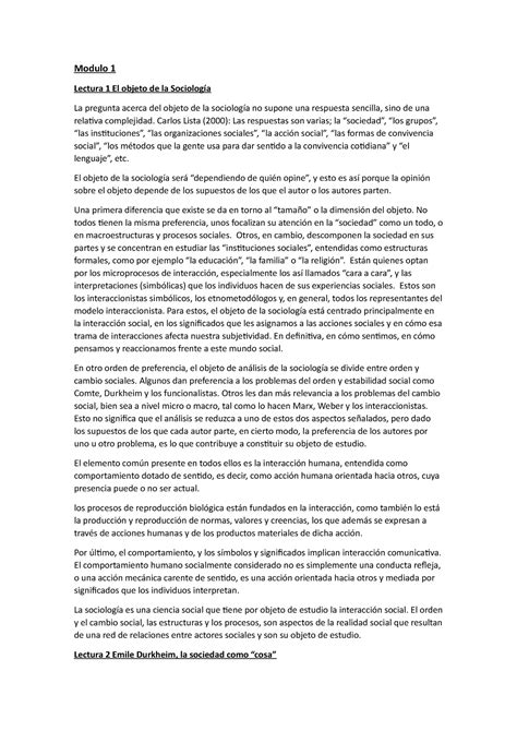 Modulo 1 Resumen Modulo 1 Lectura 1 El objeto de la Sociología La