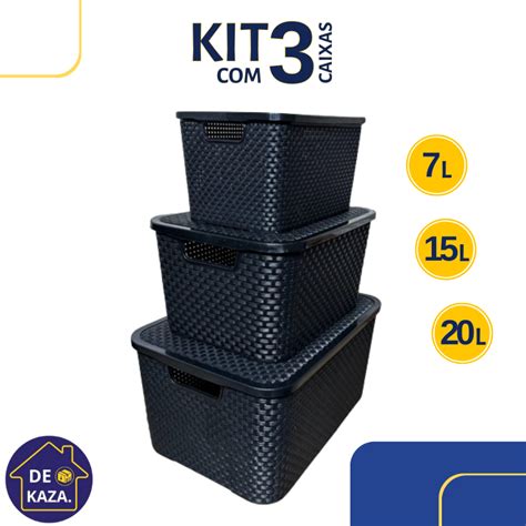 Kit Caixas Organizadoras Litros Rattan Preta Arqplast