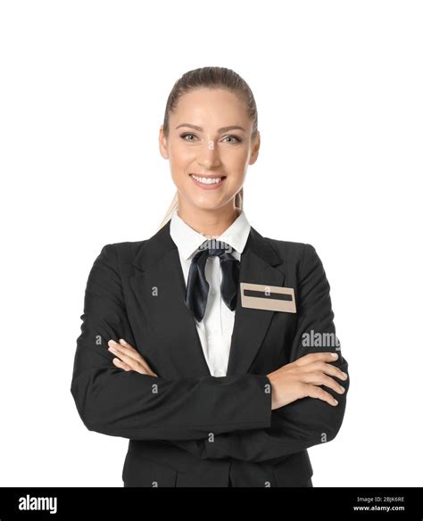 Female hotel receptionist in uniform on white background Stock Photo ...