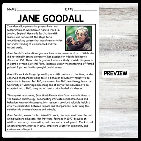 Women S History Month JANE GOODALL BIOGRAPHY Reading Comprehension