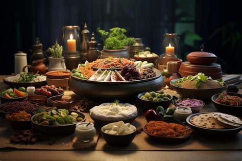 Premium AI Image | Illustrate the cultural diversity of Suhoor meals ...