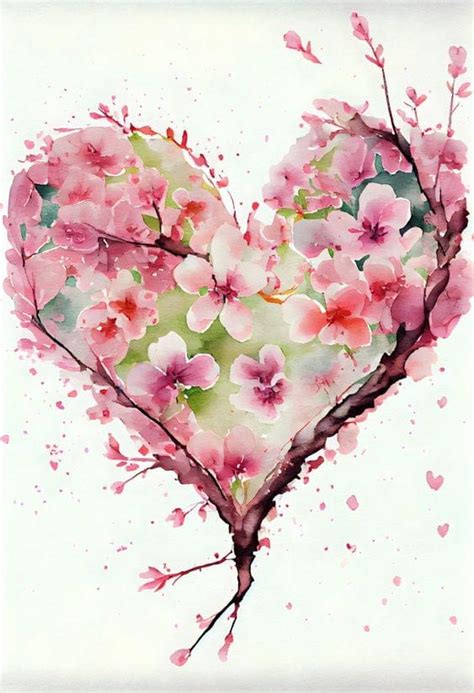 Watercolor Pink Love Heart With Beautiful Flowers For Valentines Day