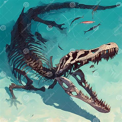 Vivid Baryonyx Skeleton in Dazzling Turquoise Sea Stock Illustration ...