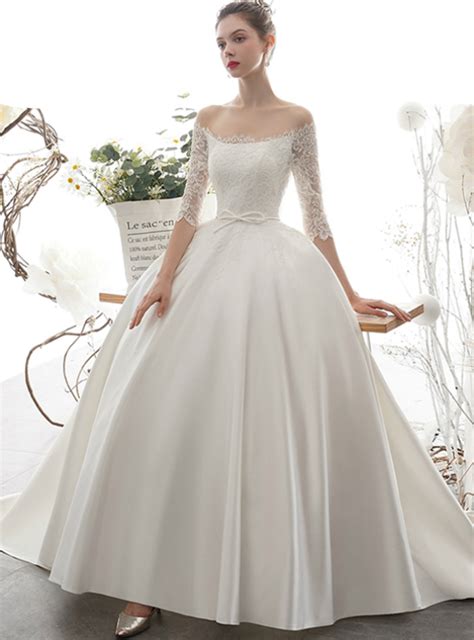 Ivory White Satin Lace Off the Shoulder Long Sleeve Wedding Dress