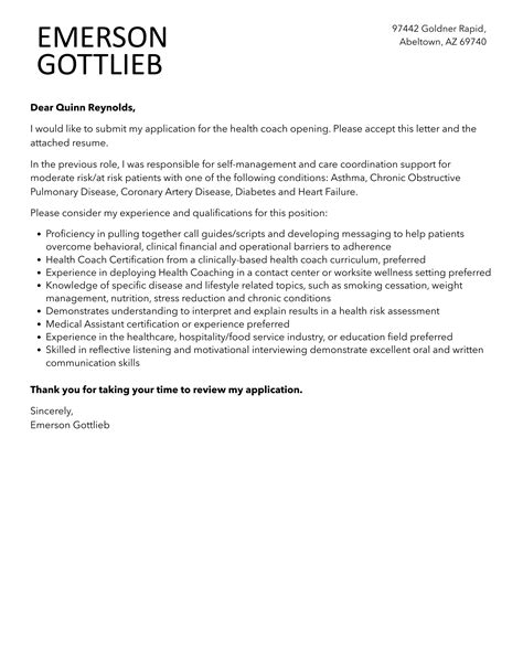 Health Coach Cover Letter Velvet Jobs