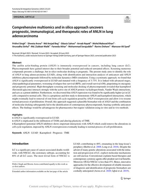 Comprehensive Multiomics And In Silico Approach Uncovers Prognostic