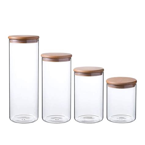 Whole Housewares Clear Glass Storage Jar 60473424oz With Beech Wood Lid Set Of 4 21oz