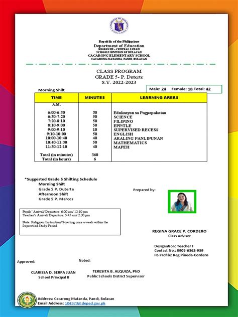 Class Program Grade 5 P Duterte S Y 2022 2023 Department Of Education Pdf Philippines