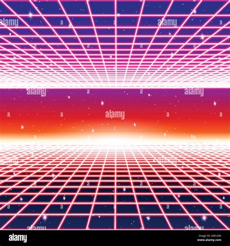 Retro Neon Background With S Styled Laser Grid And Stars Stock Vector