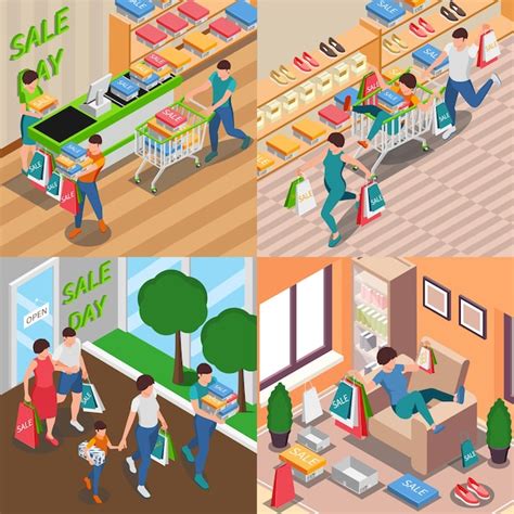 Free Vector Shopping People Isometric Set Of Four Square Compositions