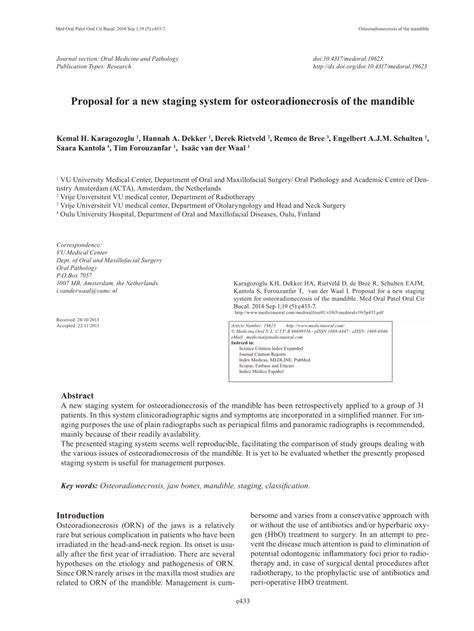 Pdf Proposal For A New Staging System For Osteoradionecrosis Of The