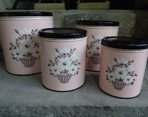 Vintage Decoware Pink And Black Canister Set Vintage Flowered Pink