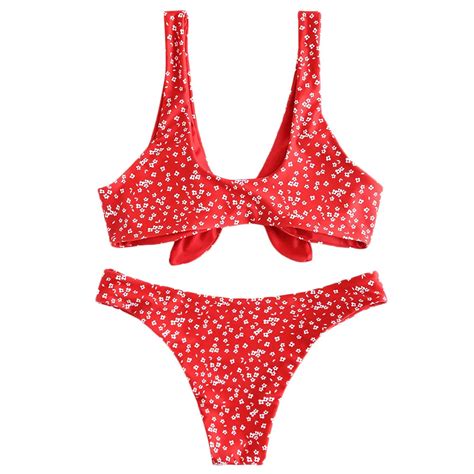 Zaful Knot Front Floral Bikini Plunging Neck Wire Free Bikini Set