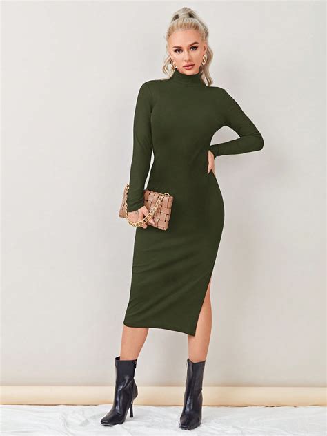 Shein Essnce Mock Neck Split Thigh Ribbed Knit Bodycon Dress Shein Usa