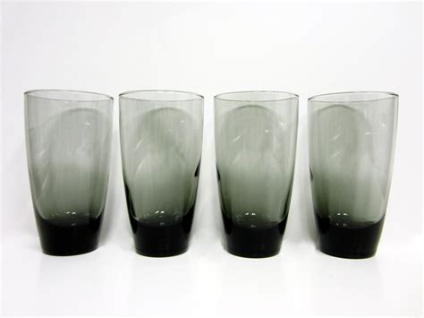 Set Of 5 Vintage Mid Modern Smoke Grey Drinking Glasses