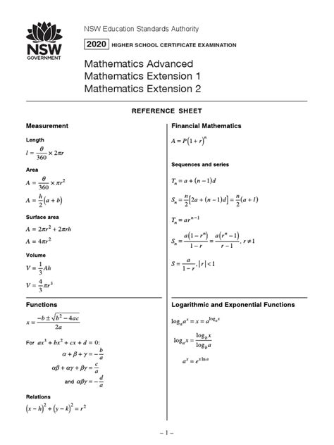 Mathematics Advanced Extension 1 And Extension 2 Reference Sheet Pdf