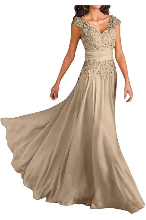 Ever Girl Womens Deep V Neck Cap Sleeves Long Chiffon Mother Of Bride Dresses Light Champagne Us14